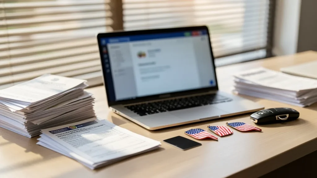 Desk with donation envelopes, laptop, car key fob and credit card