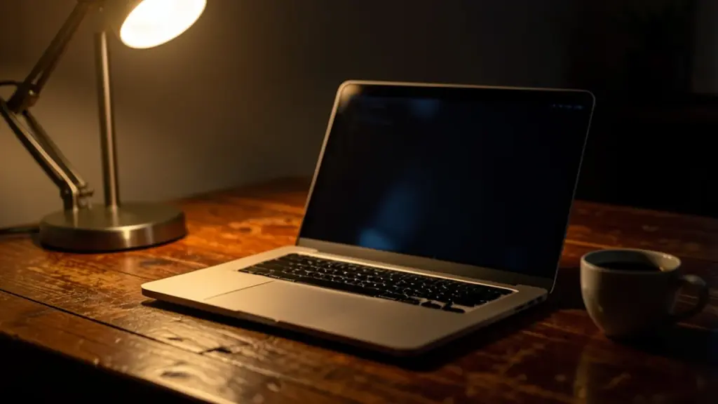 Laptop with a dark screen on a desk lit by a lamp at night