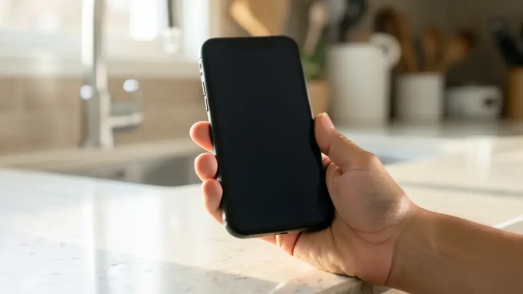 Hand holding a smartphone over a kitchen counter