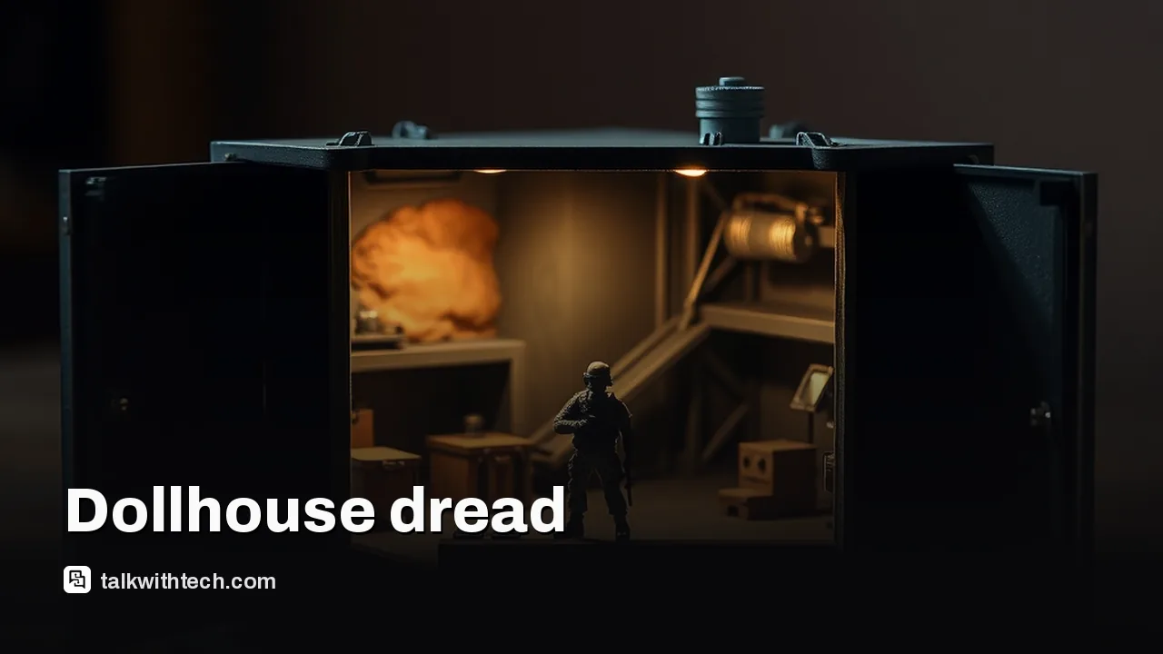 Diorama dollhouse military facility with soldier figurine, moody lighting