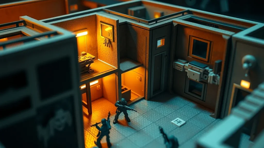 Three-quarter view of layered dollhouse rooms with tiny soldier figurines