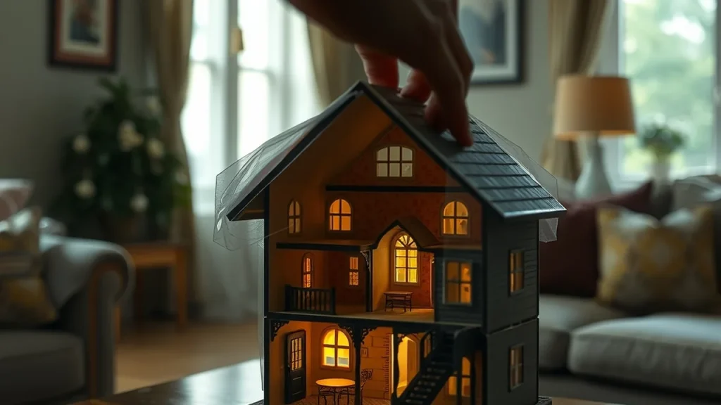 Hands lifting lid to reveal tiny eerie dollhouse facility inside