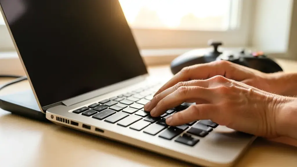 Over-the-shoulder view of laptop, controller, hands hovering over keyboard, screen dark