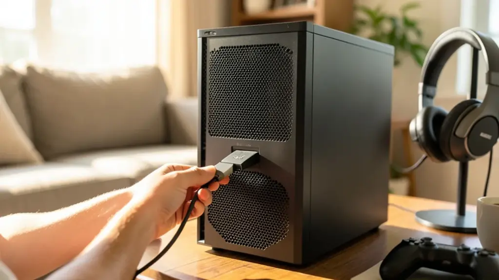 Hands plugging external SSD into tower in living room gaming setup, cozy sunlight
