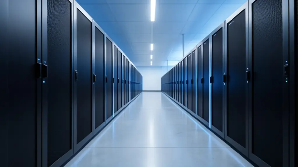 Rows of servers glowing in a data center corridor
