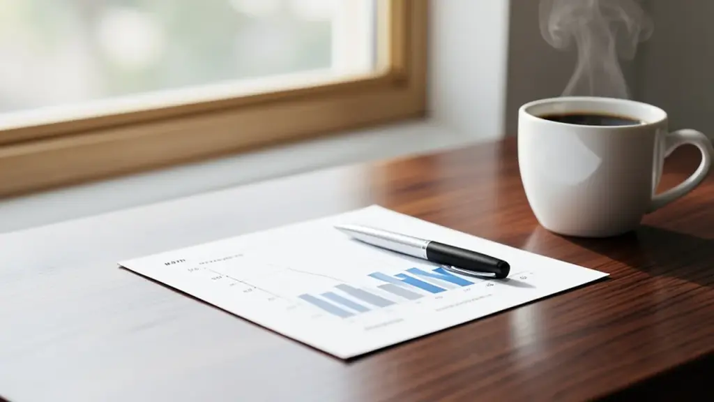 A printed financial chart on a desk next to a coffee cup