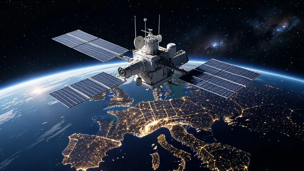 A communications satellite orbiting above Europe at night