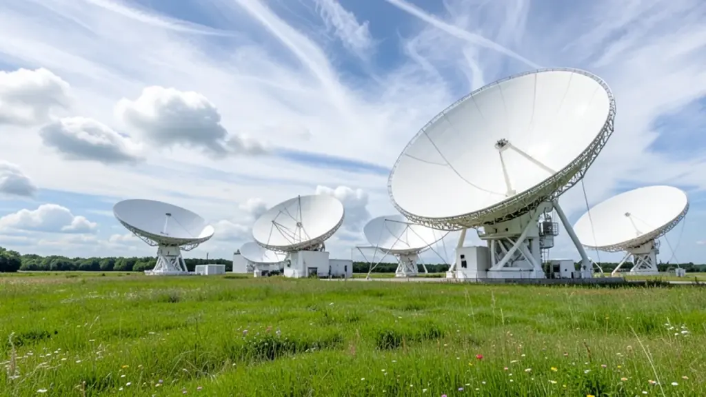Large satellite dishes at a ground station in a green field