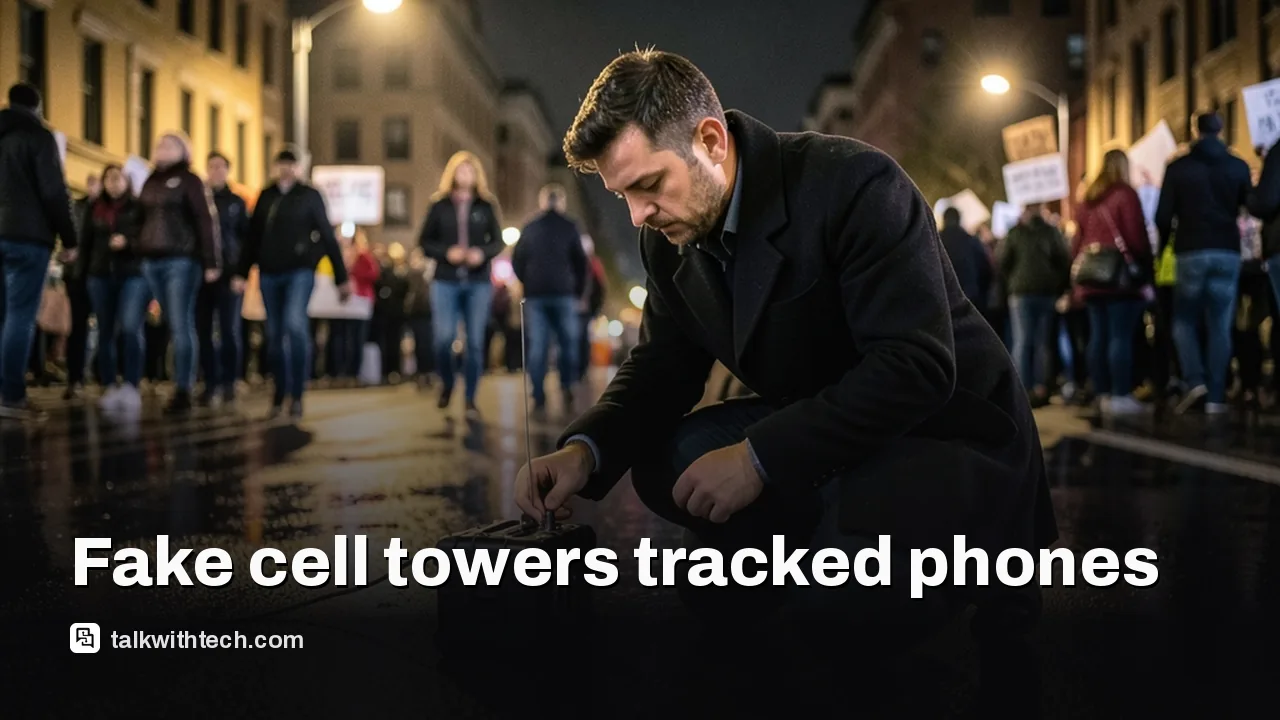 Investigator adjusting a small cell-site simulator device on a city sidewalk at night