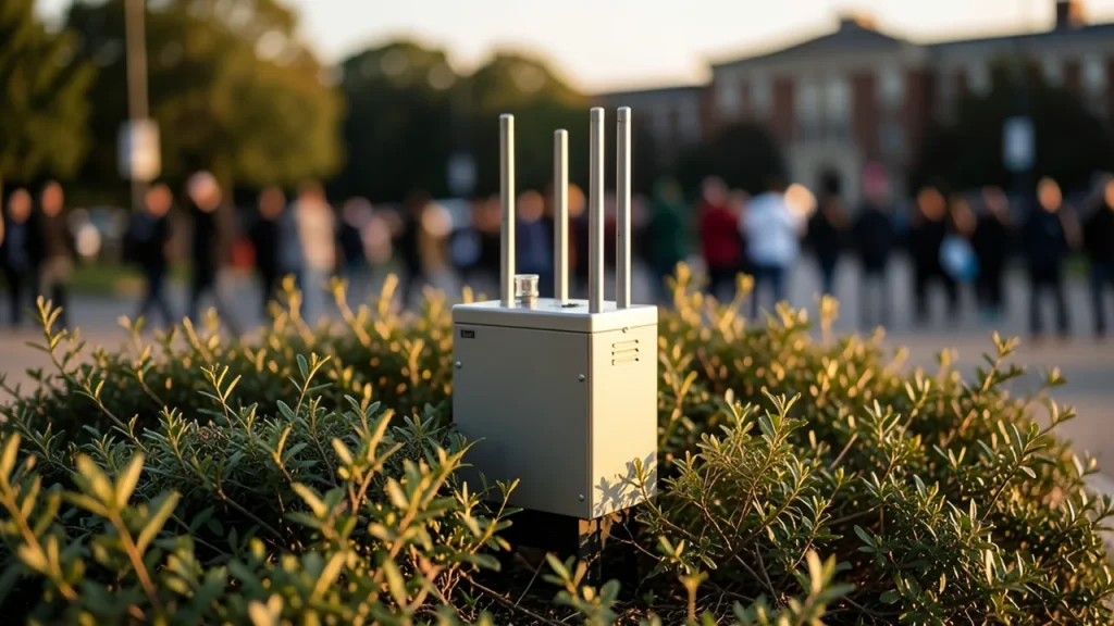 Cell-site simulator hidden in shrubs near a university quad with blurred protesters in background