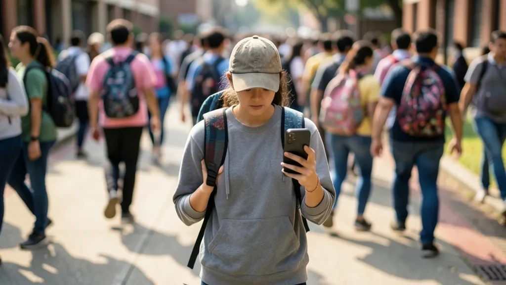 Student walking on crowded campus holding phone with screen turned away
