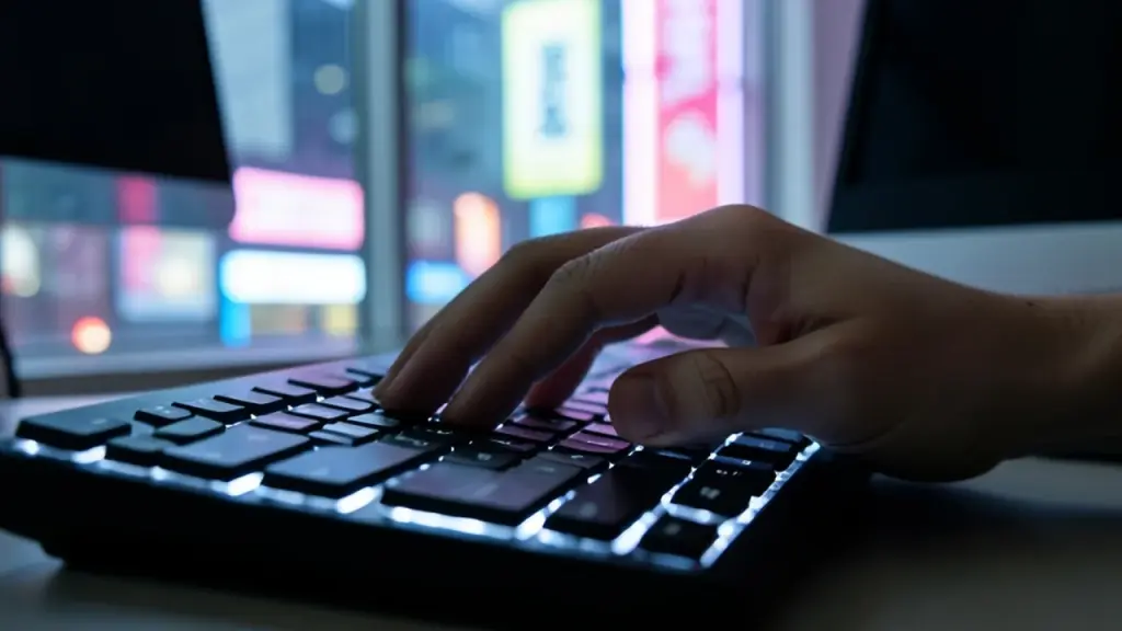 Close-up of hand at keyboard with dark screen, neon city election banners in background
