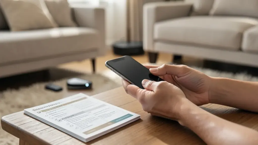 Hands and security checklist with devices, illustrating steps to avoid scams