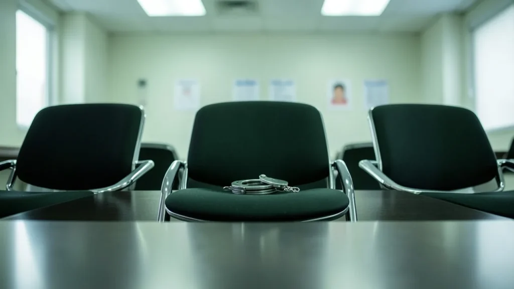 Interview room with three chairs and handcuffs on the center chair.