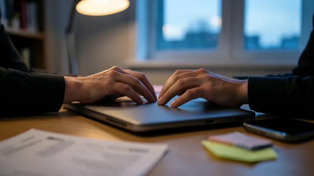 Hands over closed laptop and phone on home desk at dusk, implying personal data risk.