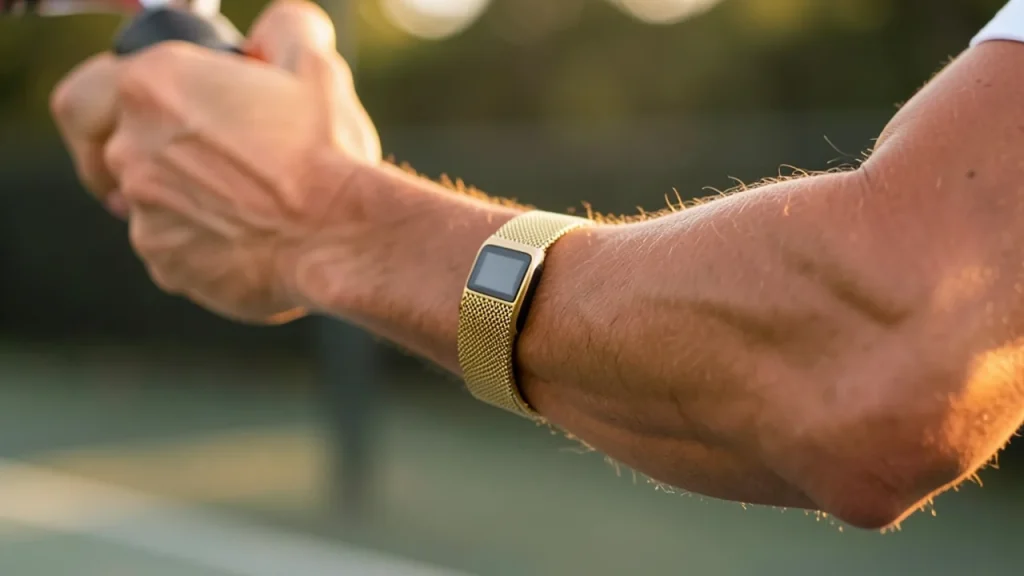 Forearm with tracker and gold mesh band during a tennis swing, blurred court