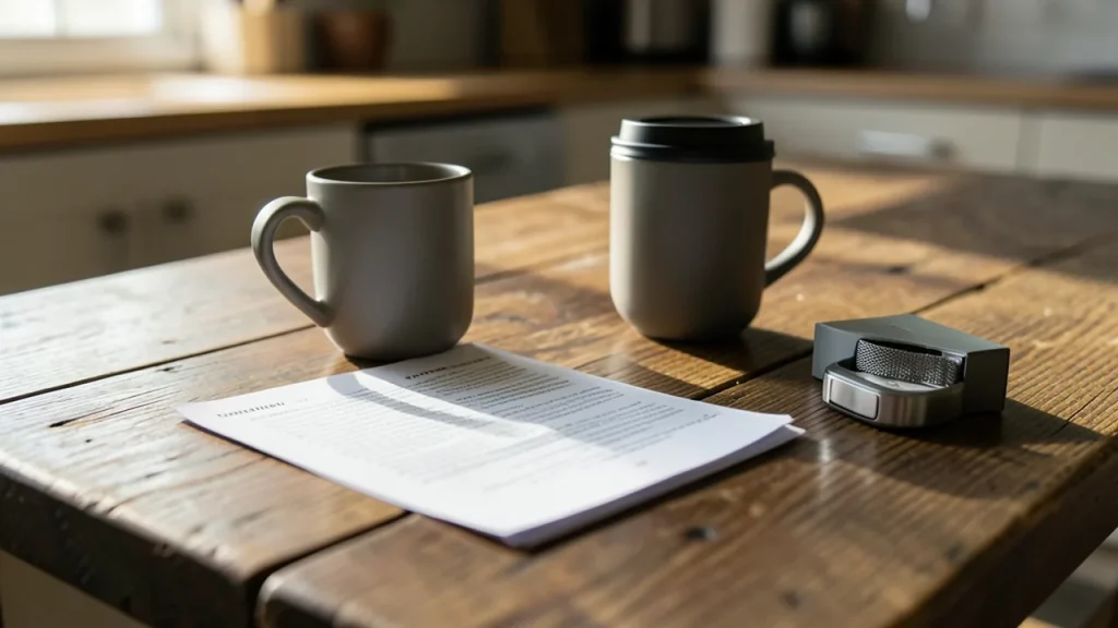 Tracker on kitchen table next to coffee cup and metal mesh band box