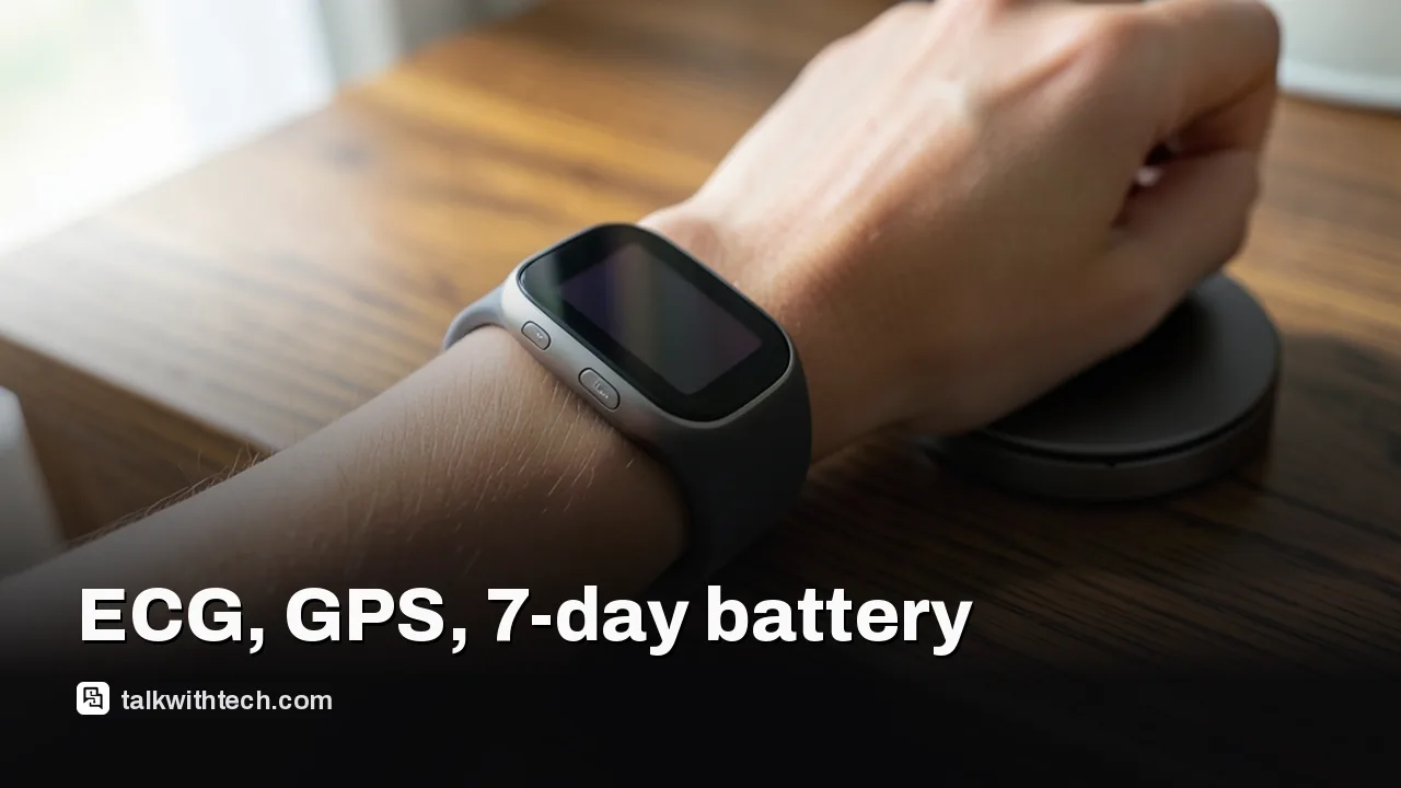 Wrist wearing a slim hybrid Fitbit Edge-style tracker next to its magnetic charger