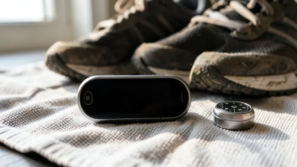 Edge-style tracker on a gym towel beside running shoes and a small altimeter puck