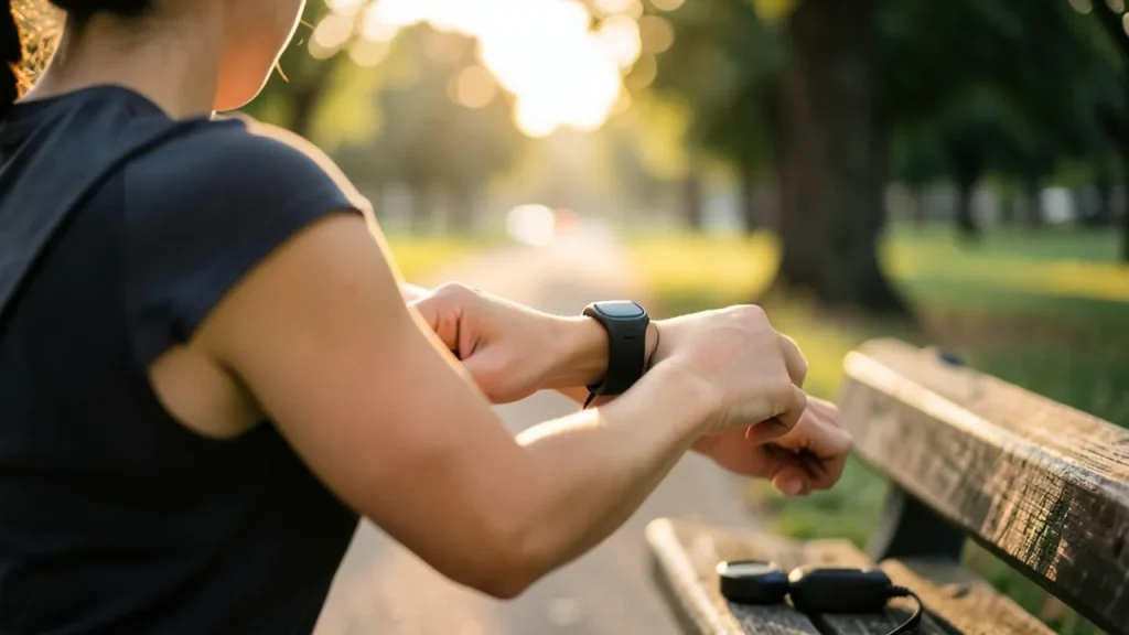 Person strapping Edge-style tracker on wrist before a run in a park at sunrise