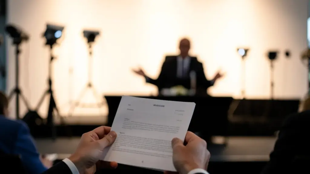 Silhouetted CEO gesturing with ALPR camera equipment out of focus on stage.