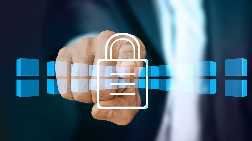 Abstract graphic showing a shield and data streams to symbolize cybersecurity