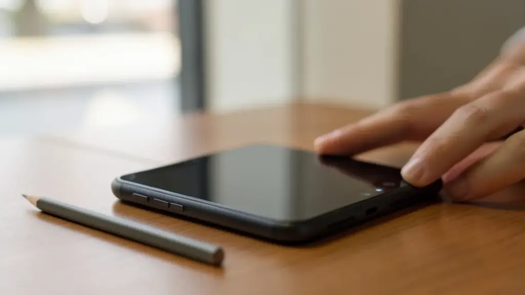 Half-open foldable device on desk with pencil and soft light.