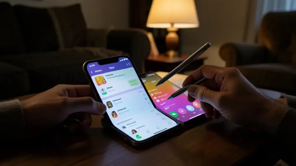 User interacting with foldable iPhone Duo at home.