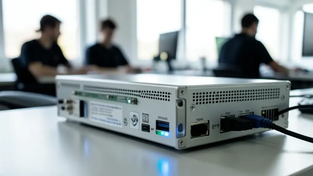 Developer test bench with mini-PC and technicians testing EAC Linux v2