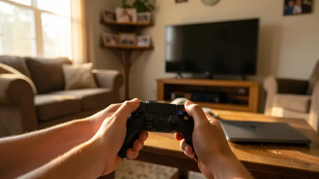 Hands with controller in living room, Linux PC and laptop waiting (not playing)