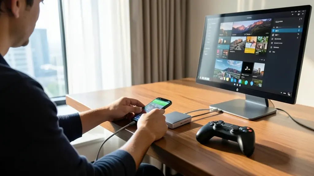 Hotel desk setup turning a phone into a portable workstation.