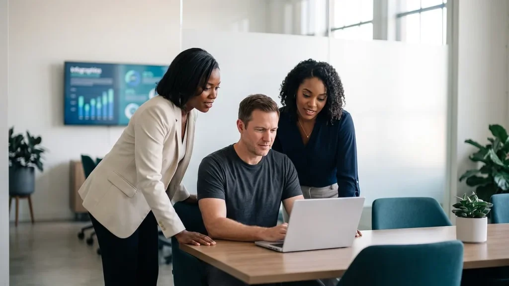 Team members working together around laptops in a modern office