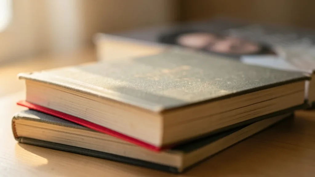 Single paperback pulled forward from a stack with bookmark ribbon visible