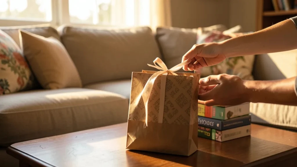 Hands placing a wrapped book box into a gift bag beside a couch