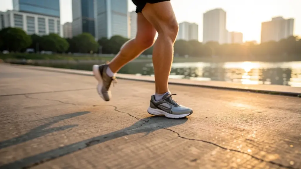 A runner on a riverside path at sunrise