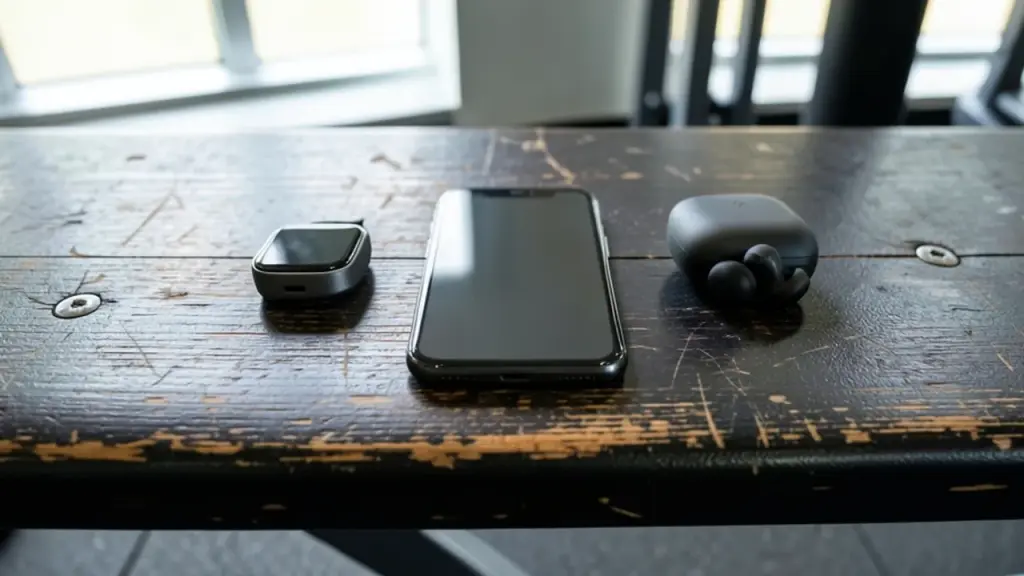 A phone, smartwatch and earbuds on a gym bench