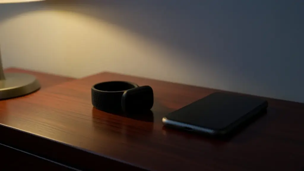 A fitness band and a phone on a bedside table at night