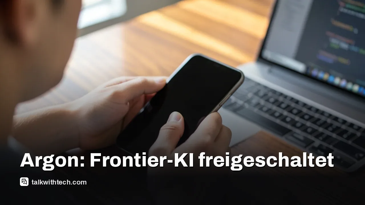 Hände bedienen Smartphone und Laptop auf Schreibtisch, Bildschirme dunkel, Morgenlicht.