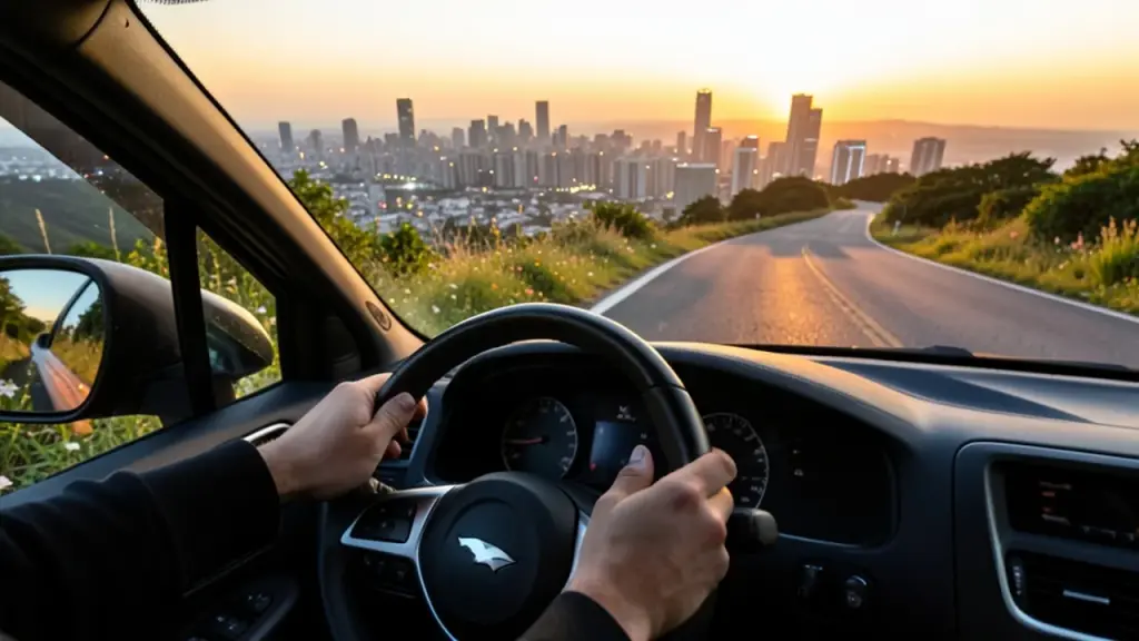 Driver's view of a hillside road above a city skyline