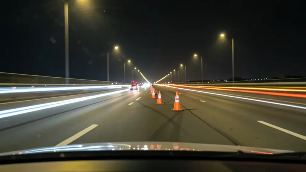 Night highway with traffic cones seen through a windshield