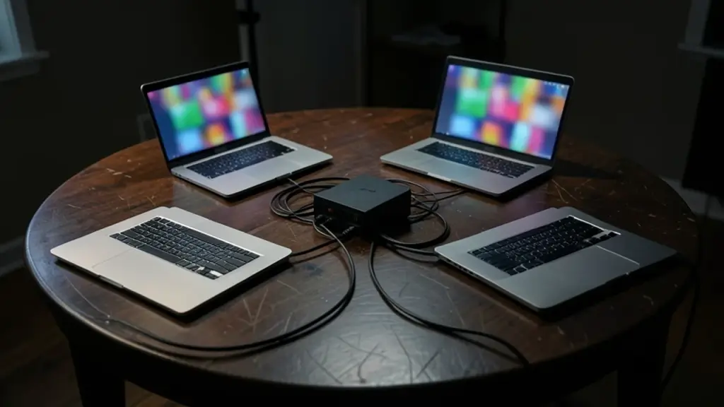 Four laptops arranged in a circle on a table in a dark room, screens glowing