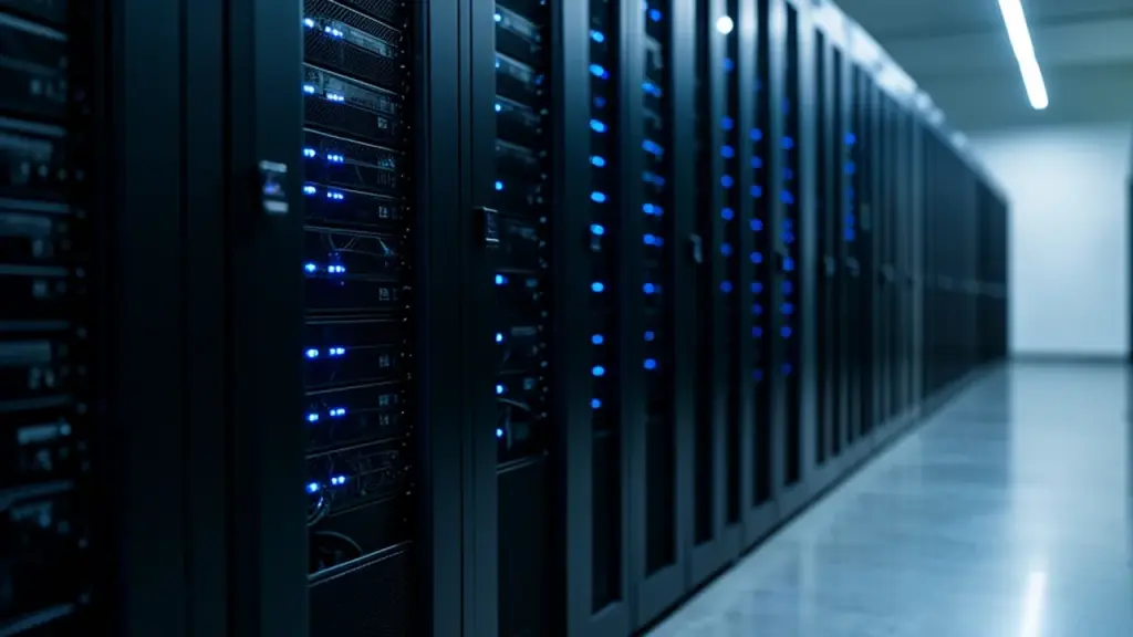 A data center aisle lined with server racks lit by blue lights