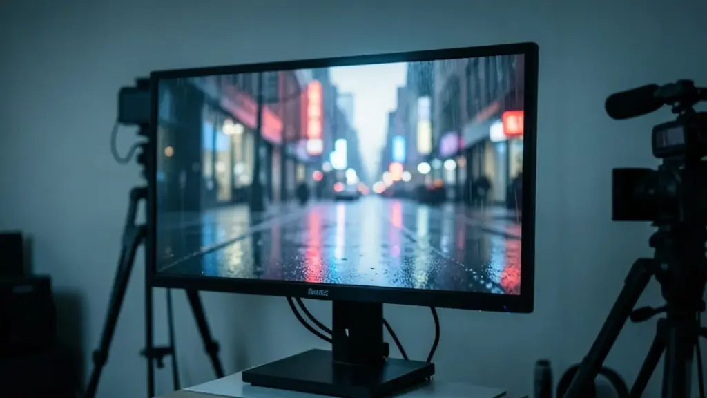 A studio monitor showing a blurred rainy street scene