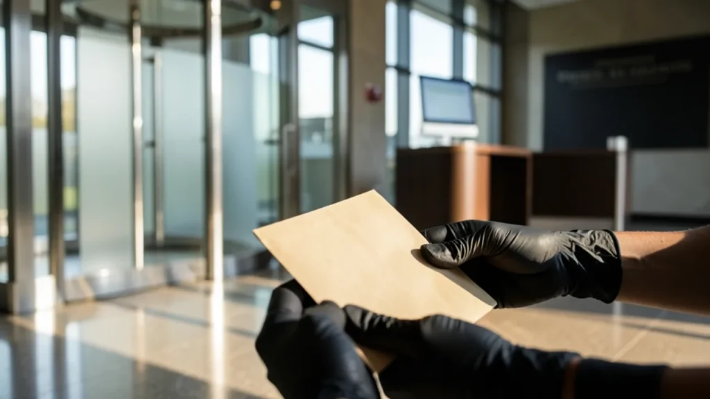 Office lobby with sealed envelope carried by hands, revolving door in background
