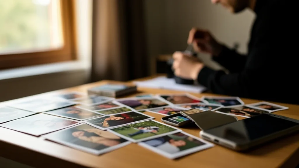 Photographer's desk with printed stock photos and person in background making coffee