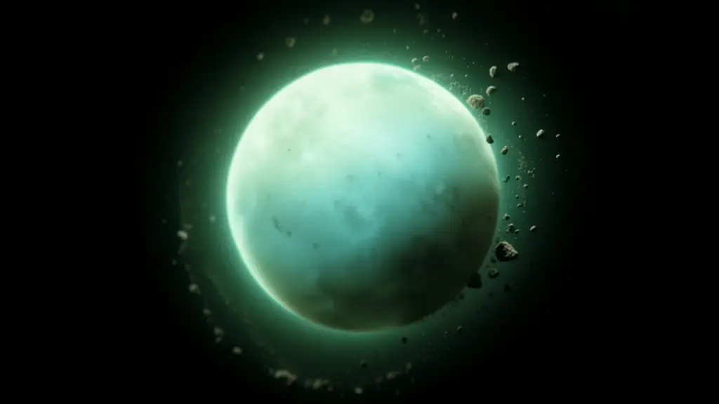 Different angle of green white dwarf and surrounding debris belt.