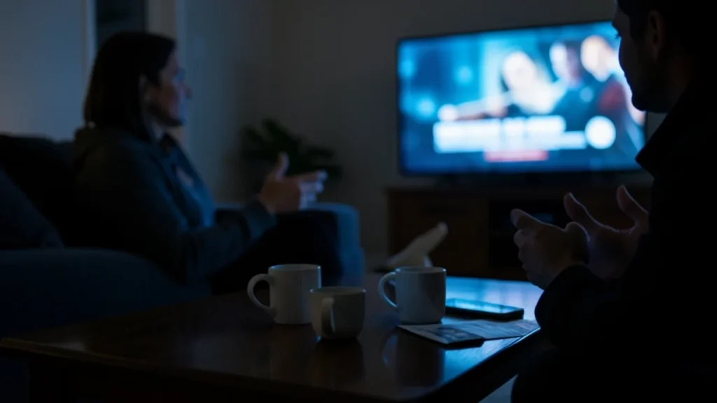 Couple in living room discussing a documentary about a simulated public figure