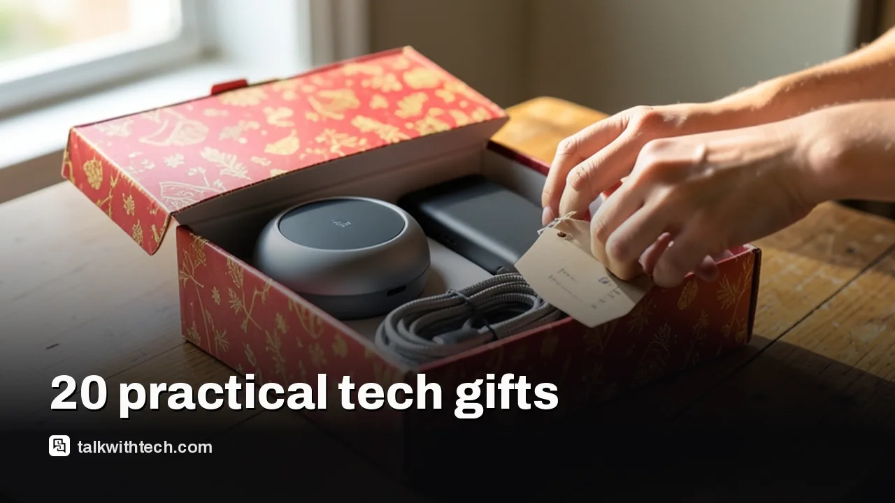 Open gift box with assorted affordable tech items on wooden table
