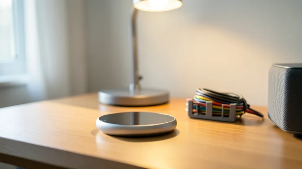 Desk setup with compact lamp, speaker, charger and cable organizer