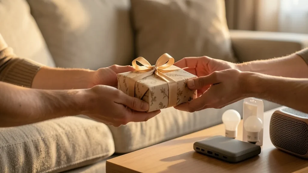 Hands exchanging small wrapped tech gift over coffee table with gadgets